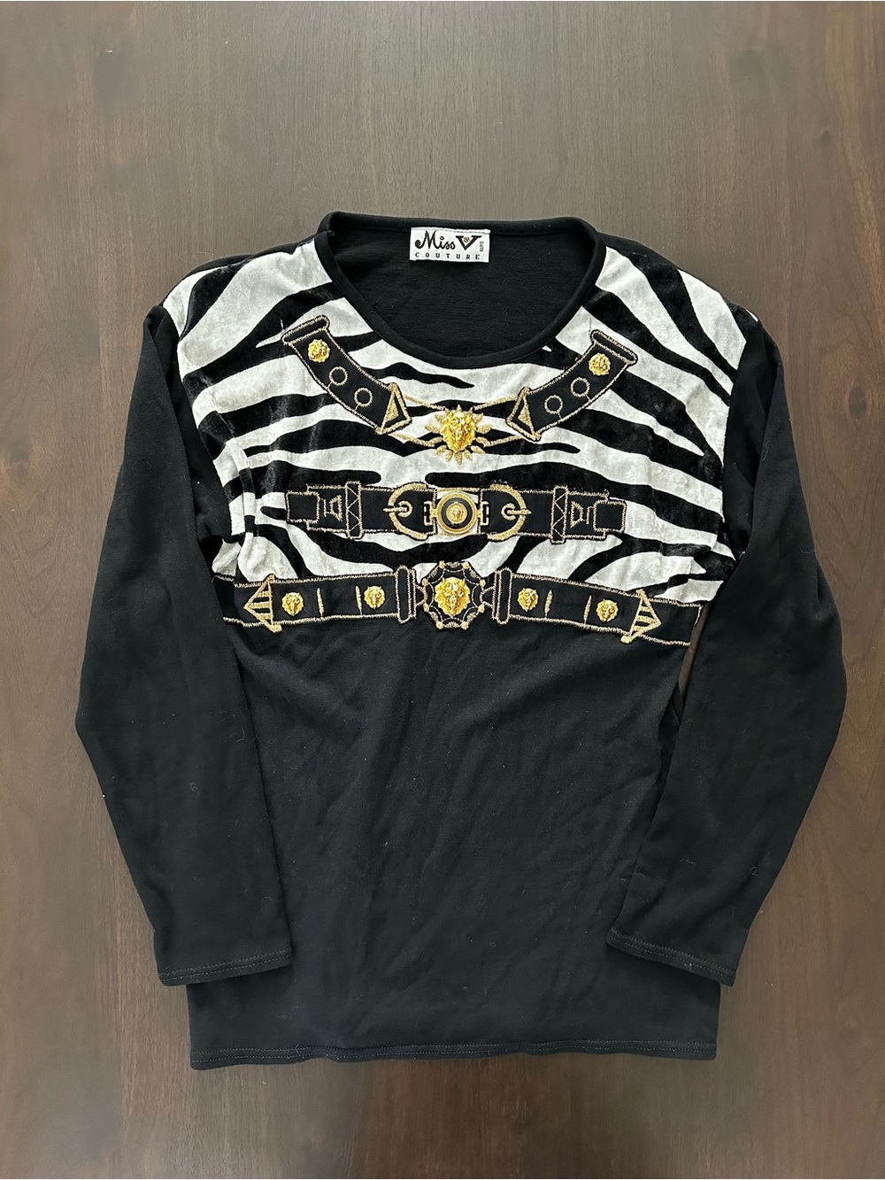 VTG 90s Miss V Couture Zebra Baroque Lion Medallion Shirt Top Size S
